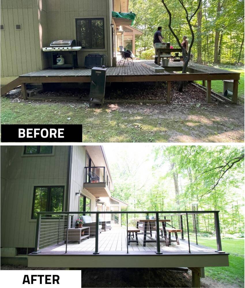 Before and after outdoor deck transformation with new composite decking by Odd Fellows Contracting in Mason, MI