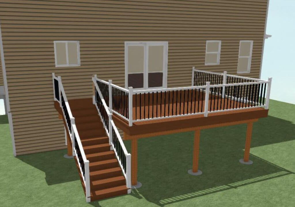 3D rendering of planned backyard deck addition with railing and stairs by Odd Fellows Contracting in Williamston, MI