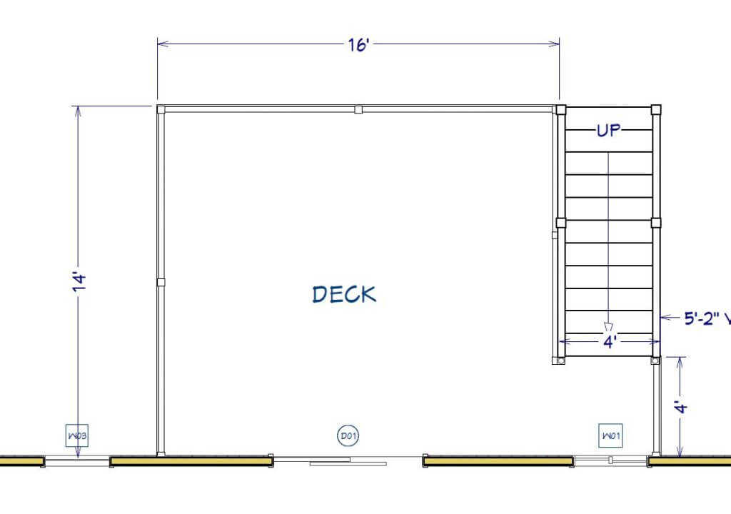 construction plan drawing for backyard deck addition with measurements by Odd Fellows Contracting in Williamston, MI