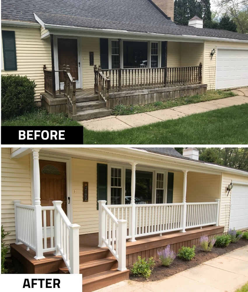 before and after front porch renovation with white railing and columns by Odd Fellows Contracting in East Lansing MI