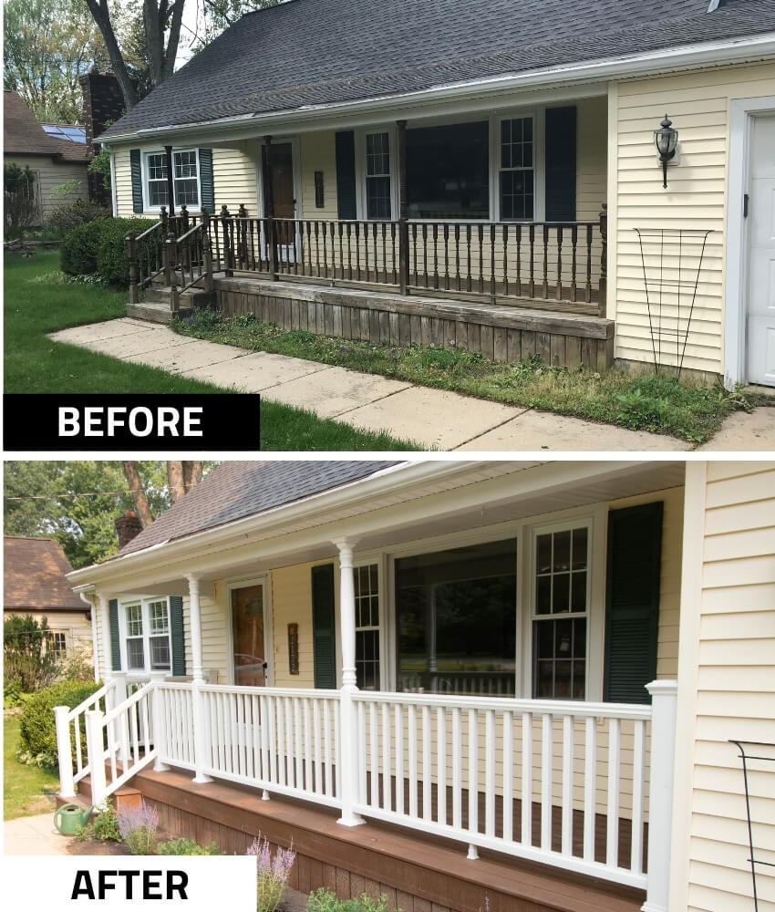 before and after front porch update with new railing by Odd Fellows Contracting in East Lansing MI