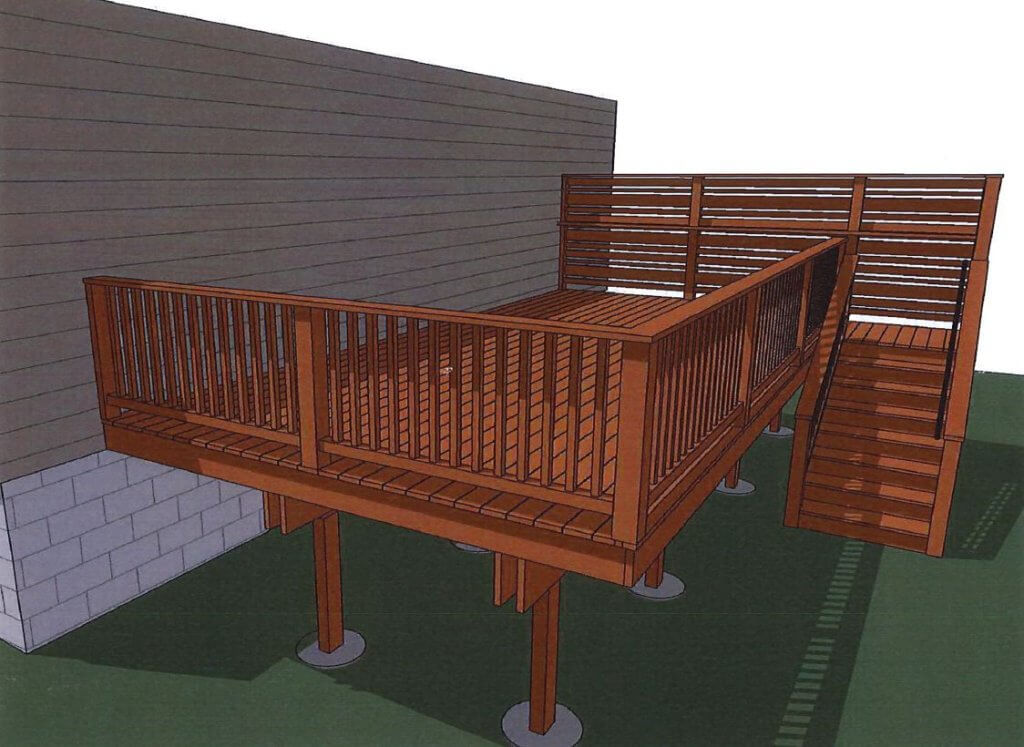 3D rendering of cedar deck design with stairs by Odd Fellows Contracting in Haslett MI