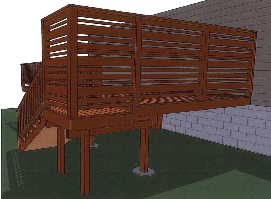 3D rendering of cedar deck with privacy screen by Odd Fellows Contracting in Haslett MI