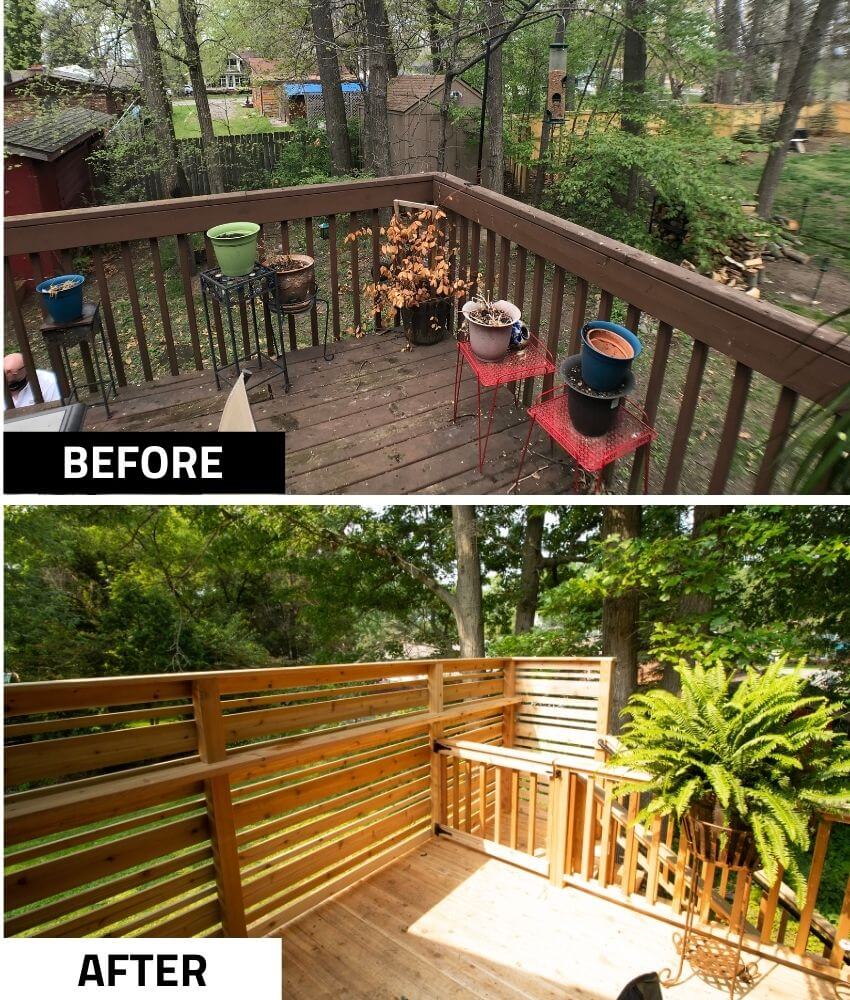 before and after cedar deck remodel with privacy railing by Odd Fellows Contracting in Haslett MI