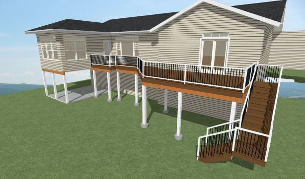 3D deck remodel rendering showing elevated composite deck with modern railing and staircase by Odd Fellows Contracting in Williamston, MI