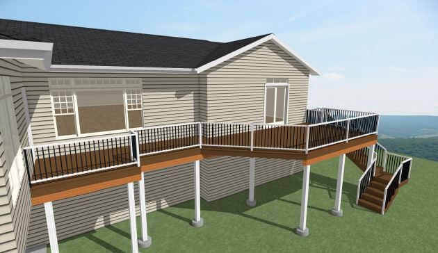3D rendering of planned elevated composite deck remodel with railing and staircase by Odd Fellows Contracting in Williamston, MI
