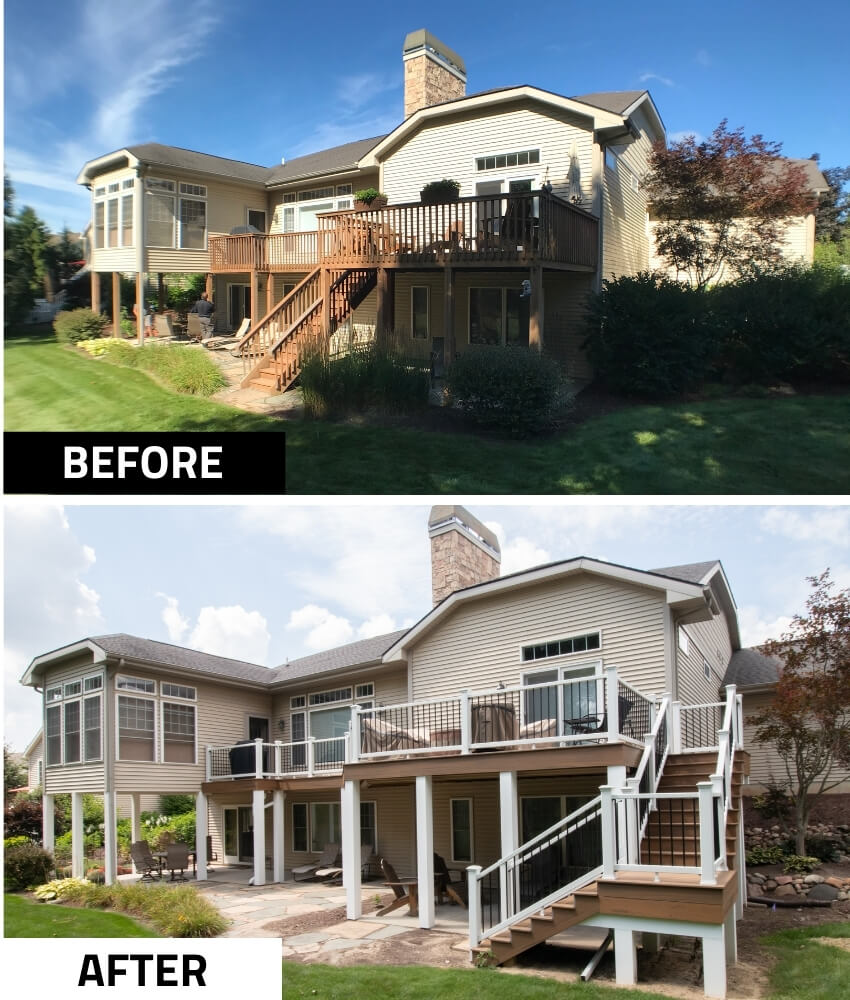 before and after deck remodel replacing an aging wood deck with a modern composite deck and railing system by Odd Fellows Contracting in Williamston, MI