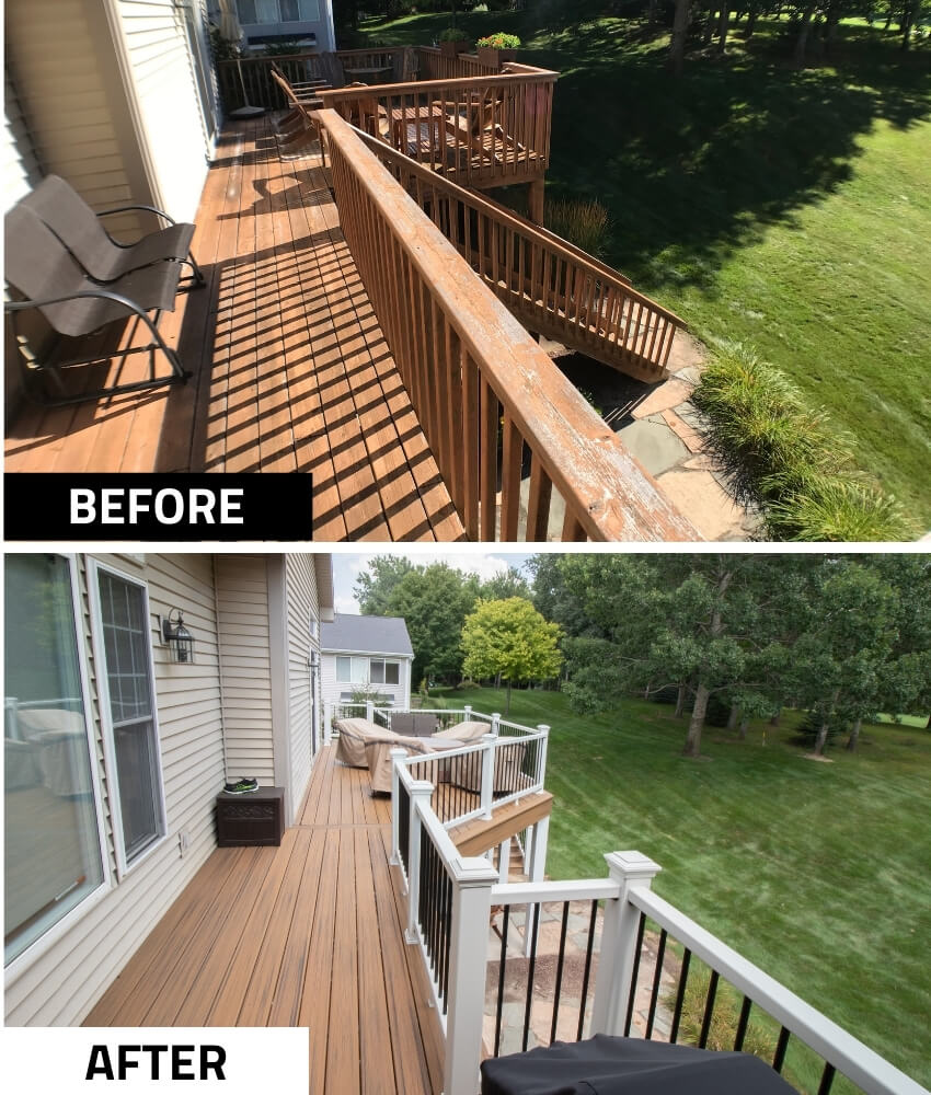 before and after deck remodel replacing weathered wood railing with modern composite deck and black balusters by Odd Fellows Contracting in Williamston, MI