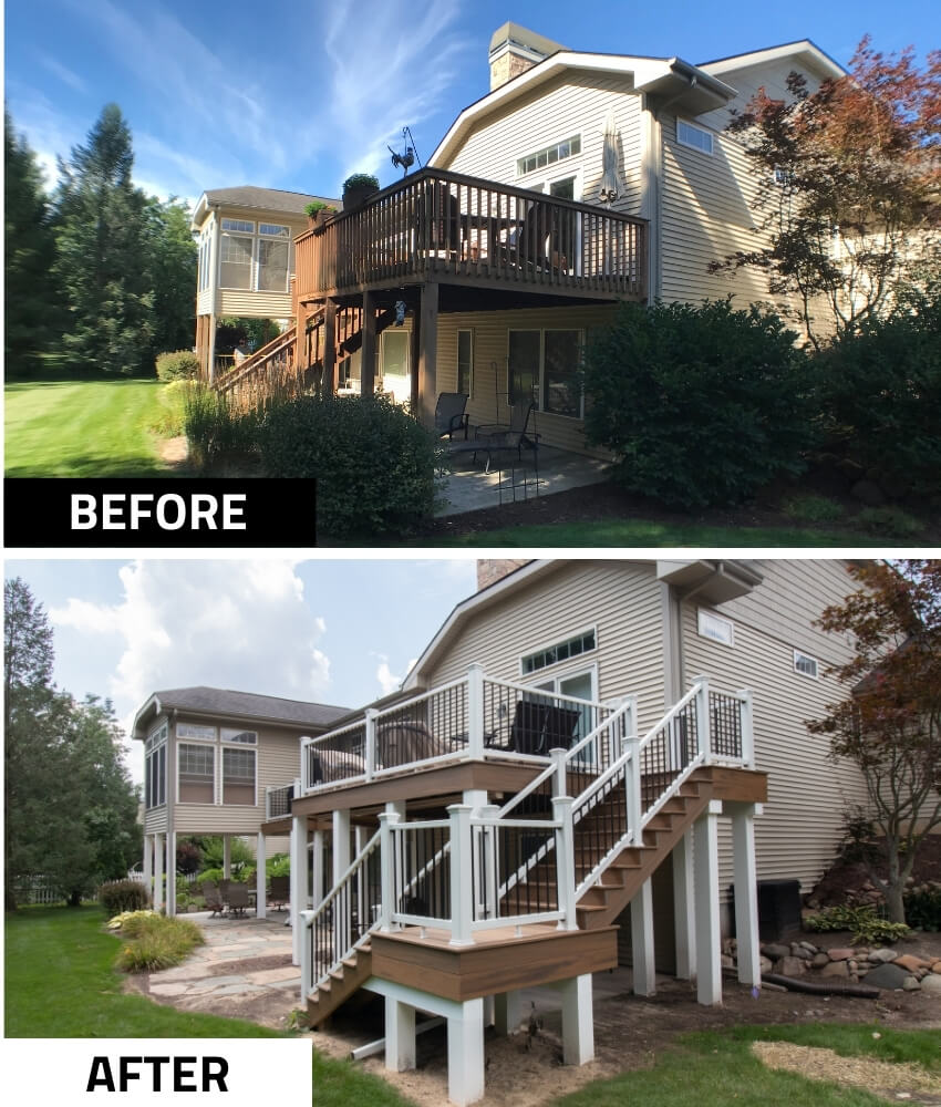 before and after elevated deck remodel showing new composite deck structure with stairs and railings by Odd Fellows Contracting in Williamston, MI
