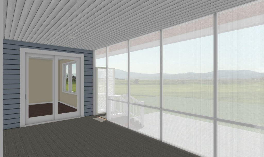 3D design rendering of screened outdoor living space by Odd Fellows Contracting in Okemos MI
