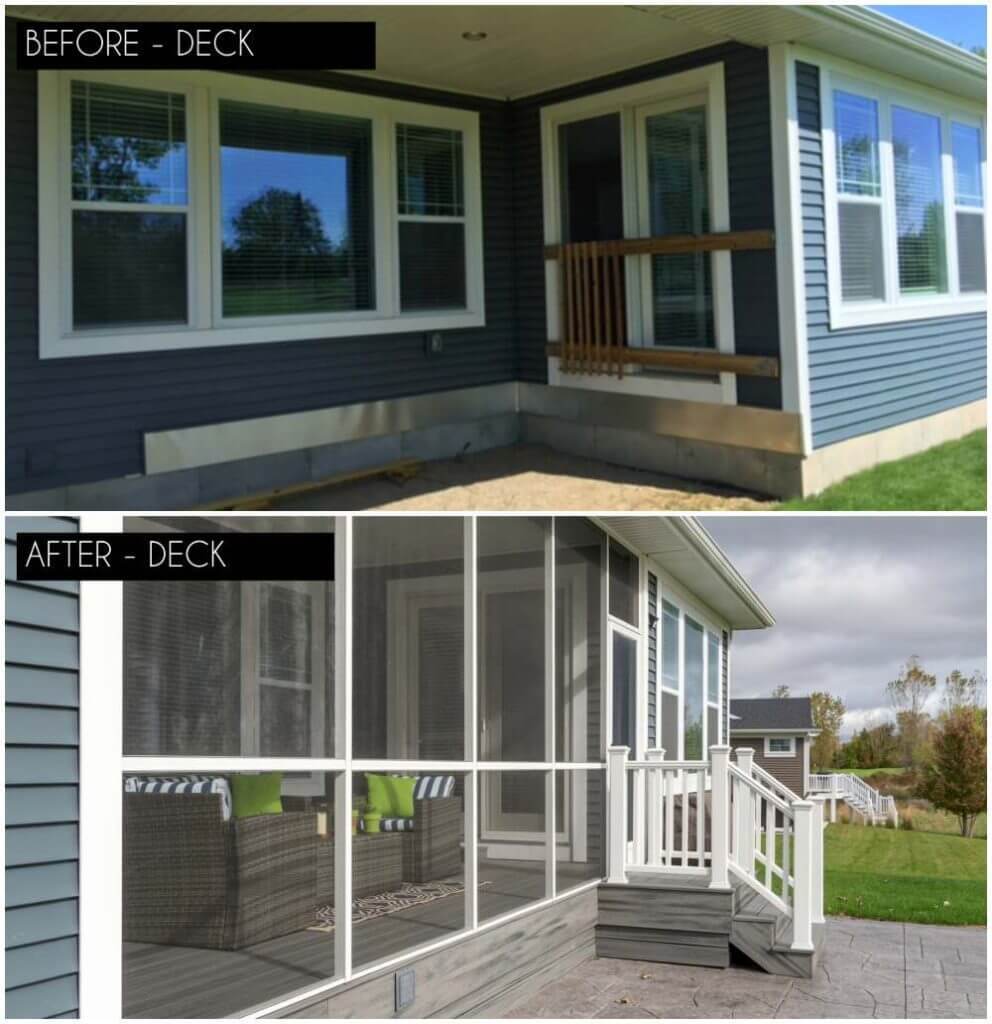 before and after deck and screened porch construction by Odd Fellows Contracting in Okemos MI