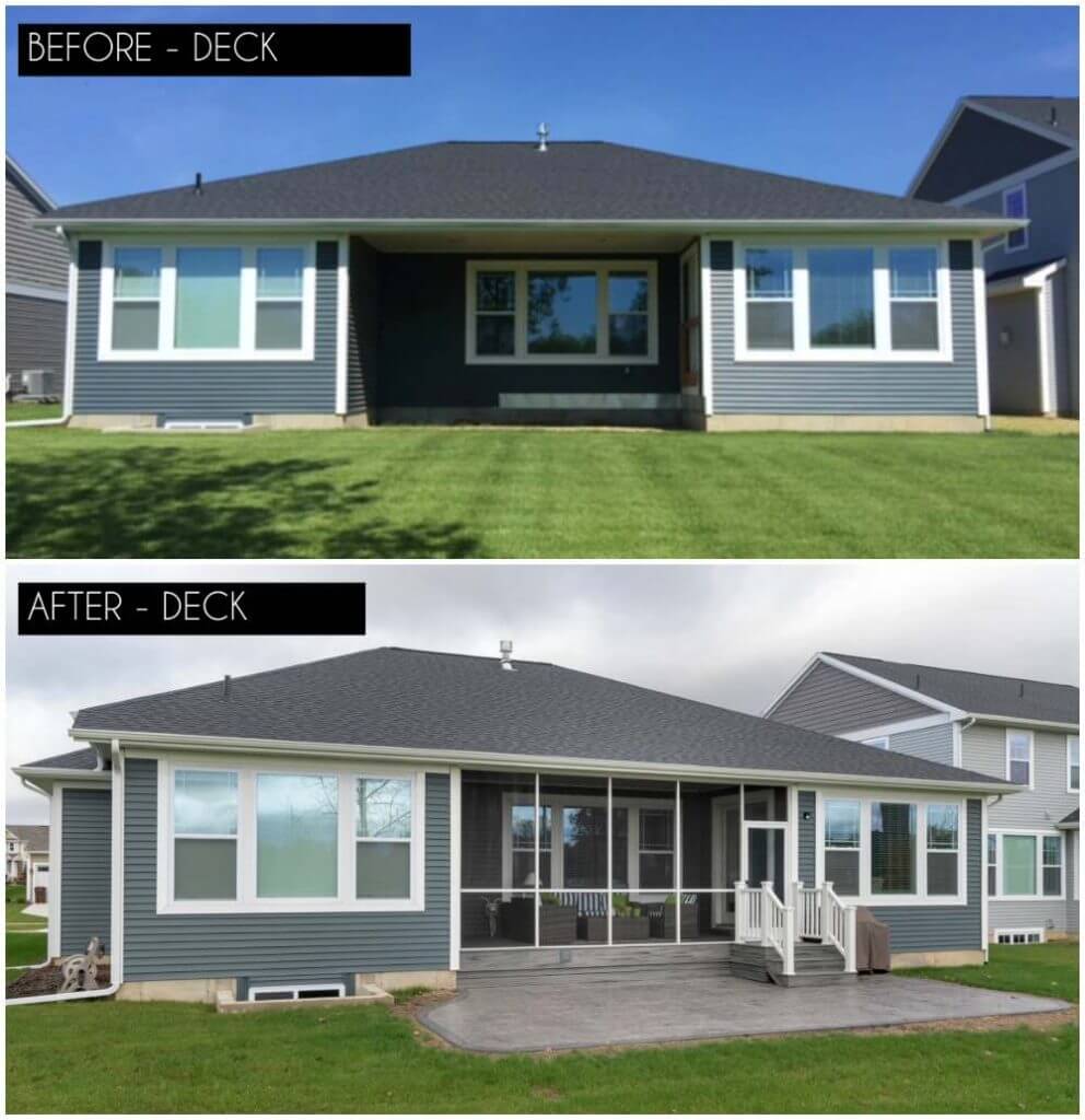 before and after outdoor living space deck transformation by Odd Fellows Contracting in Okemos MI