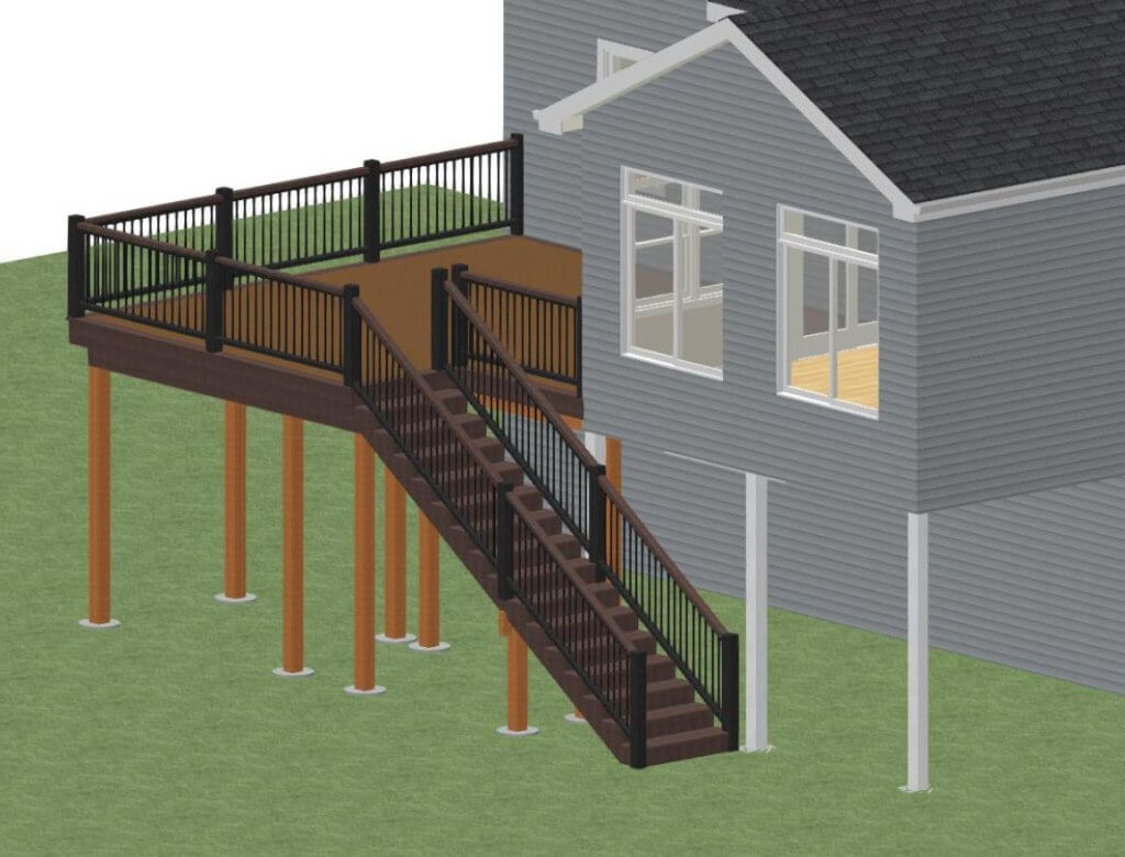 Architectural rendering showing deck layout and stairs for Okemos MI deck expansion project