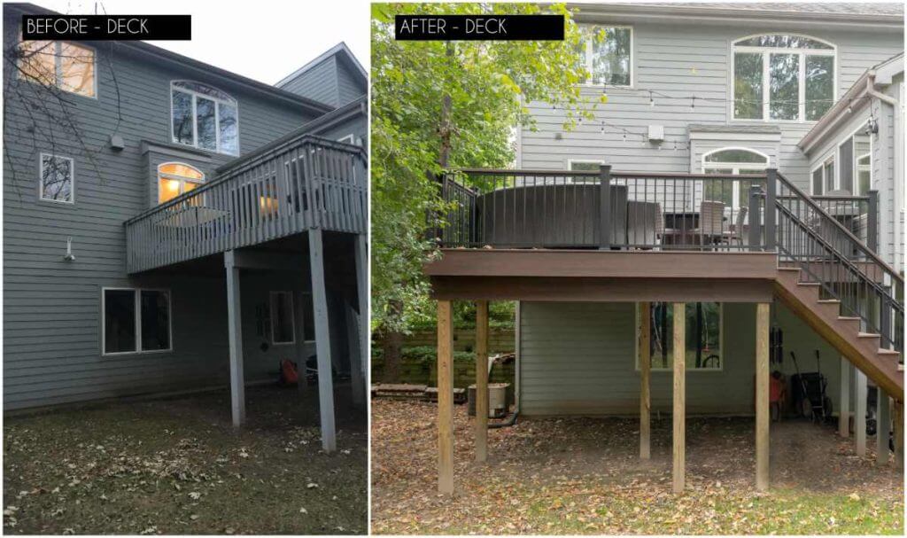 Before and after Trex deck expansion project by Odd Fellows Contracting in Okemos Michigan