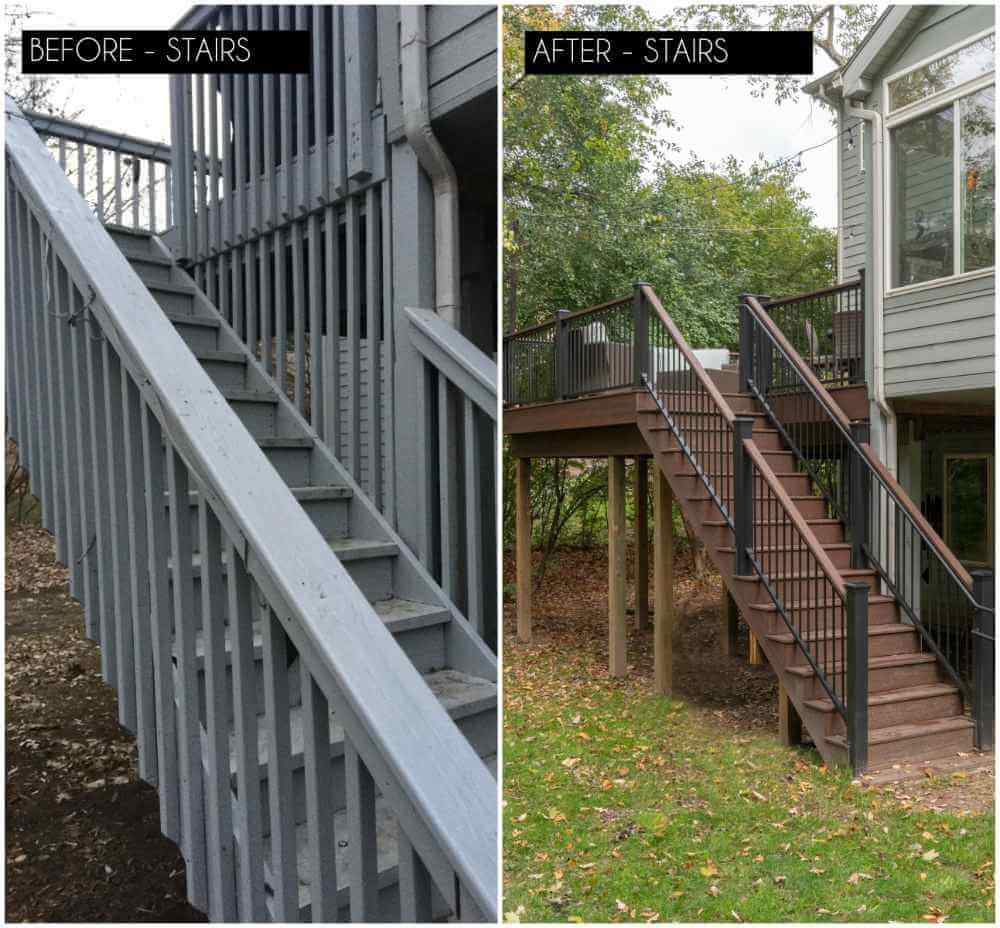 Deck staircase renovation before and after by Odd Fellows Contracting in Okemos MI