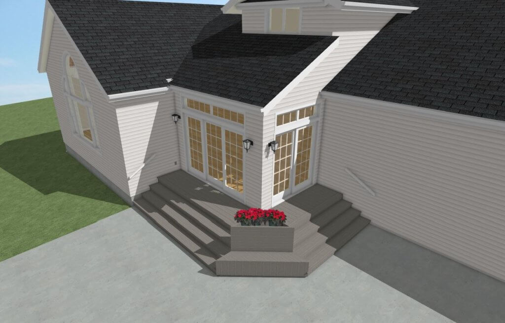 3D rendering design of backyard deck and outdoor living space in Williamston Michigan