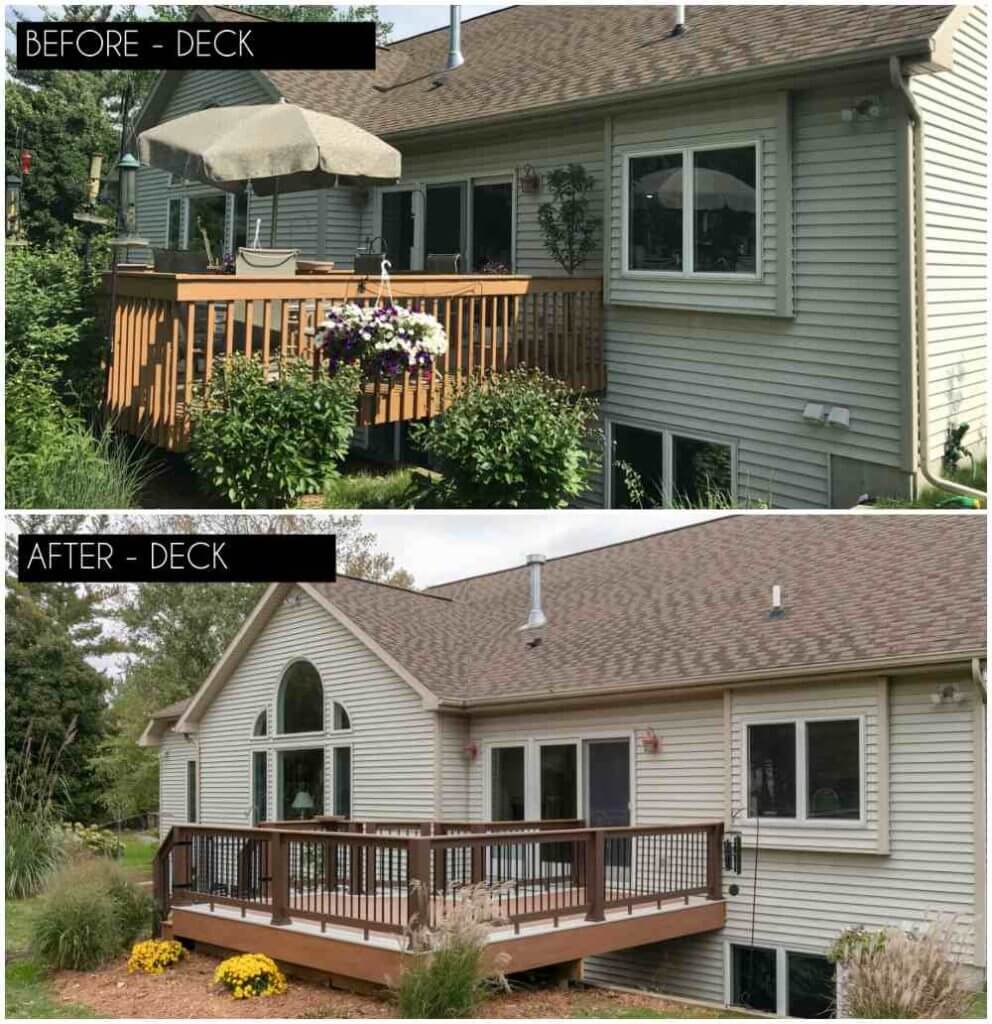 Before and after backyard deck renovation by Odd Fellows Contracting in Lansing Michigan