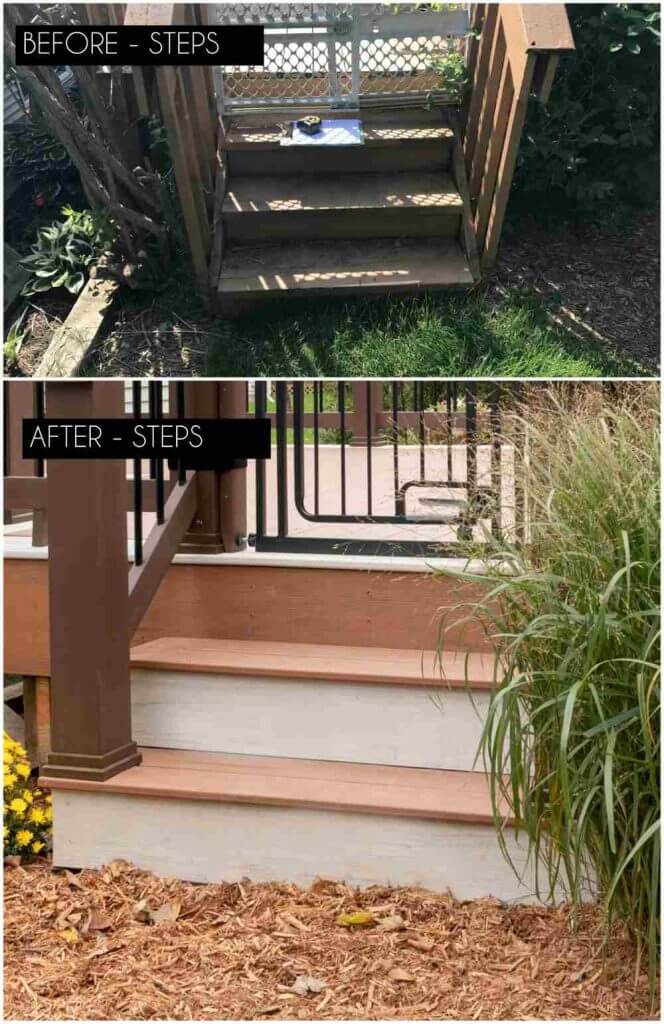 Deck step renovation before and after by Odd Fellows Contracting in Lansing MI