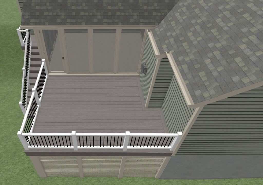 3D deck renovation rendering showing outdoor deck layout and railing system by Odd Fellows Contracting in Williamston MI