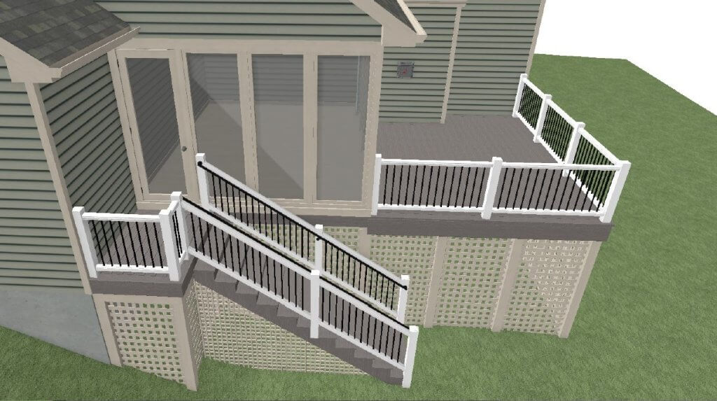 3D deck renovation rendering showing stairs railing and deck layout by Odd Fellows Contracting in Williamston MI