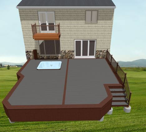 3D deck renovation rendering with expanded composite decking and stair layout by Odd Fellows Contracting in Haslett Lake MI
