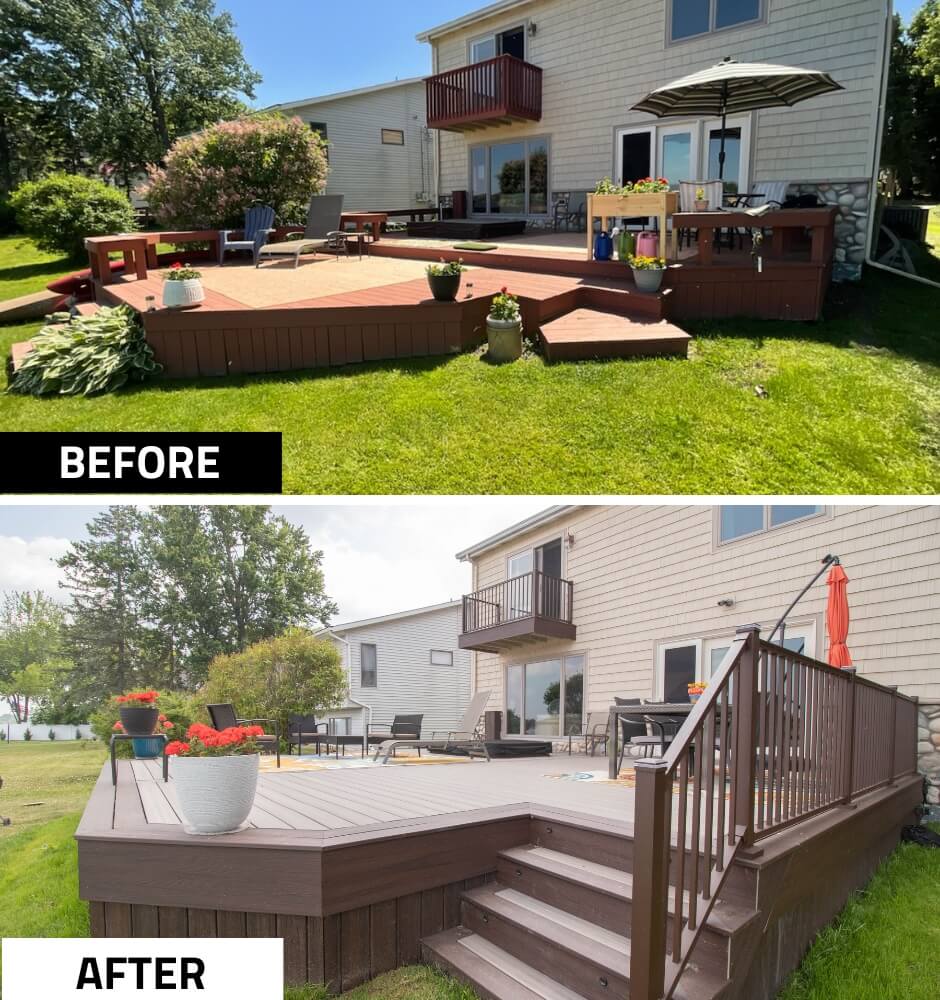 before and after backyard deck remodel with new composite deck and railing by Odd Fellows Contracting in Haslett Lake MI