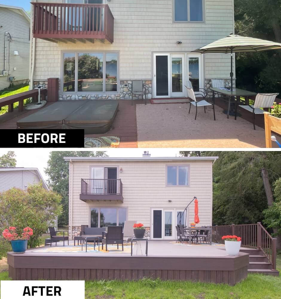 before and after deck remodel with expanded composite decking and outdoor seating area by Odd Fellows Contracting in Haslett Lake MI