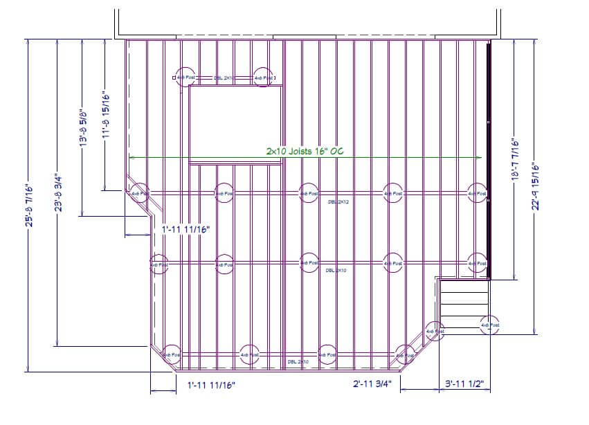 deck framing blueprint with joist spacing and support posts for deck remodel by Odd Fellows Contracting in Haslett Lake MI
