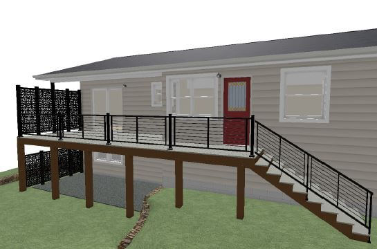3D deck renovation rendering with railing system and stair access by Odd Fellows Contracting in Lansing MI
