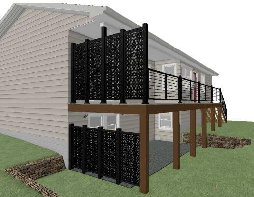 3D rendering of deck renovation with decorative privacy panels and stair layout by Odd Fellows Contracting in Lansing MI