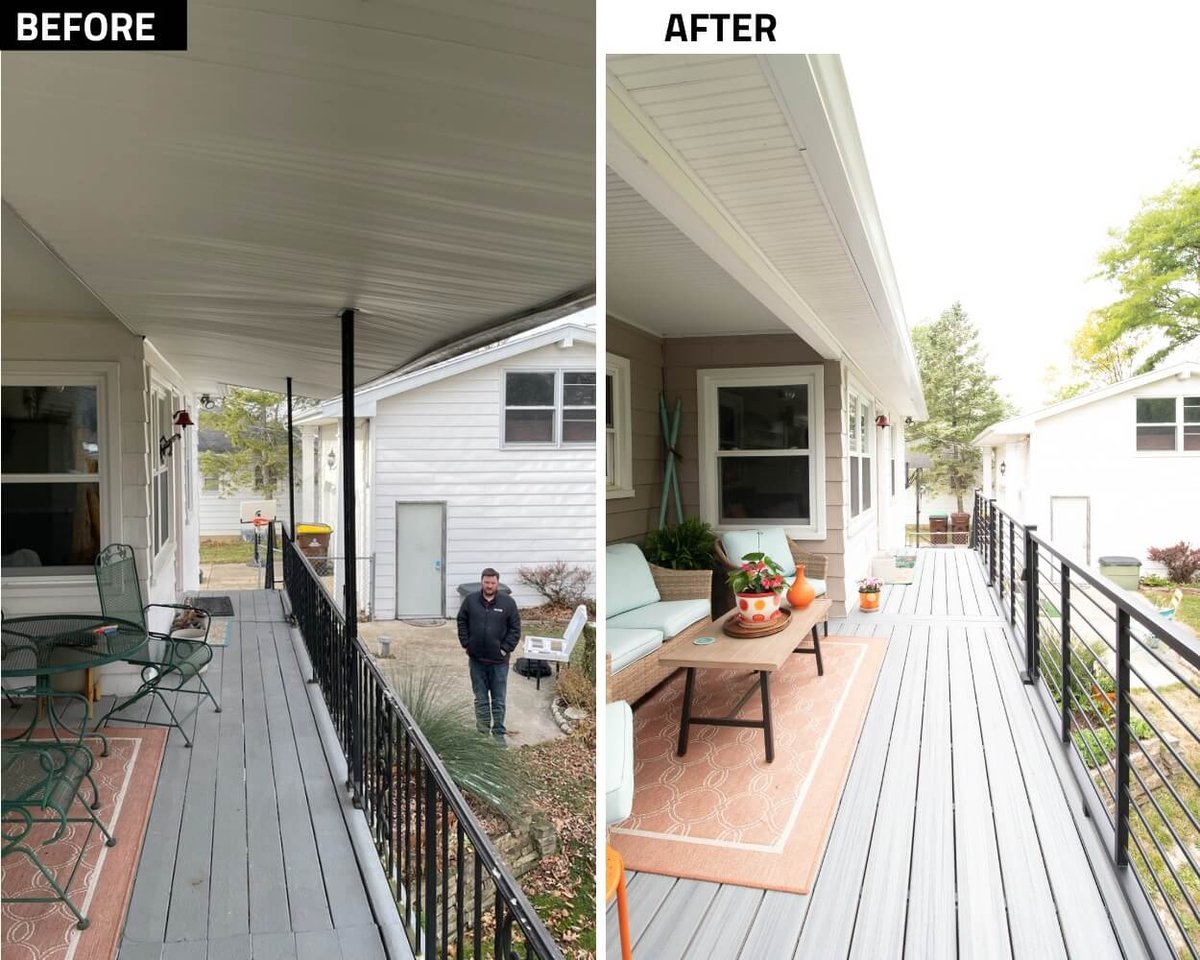 before and after deck remodel showing updated composite decking and railing by Odd Fellows Contracting in Lansing MI