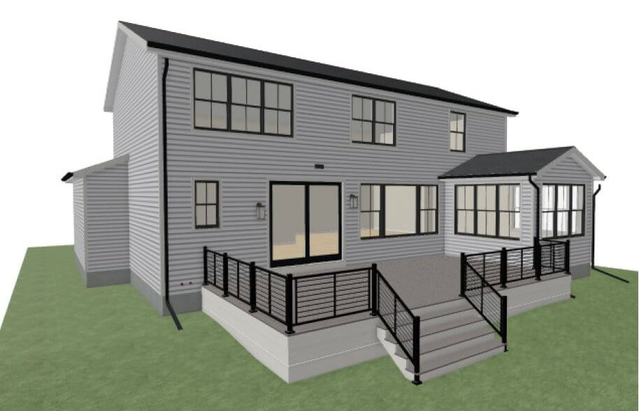 3D rendering of planned backyard deck remodel by Odd Fellows Contracting in Haslett MI