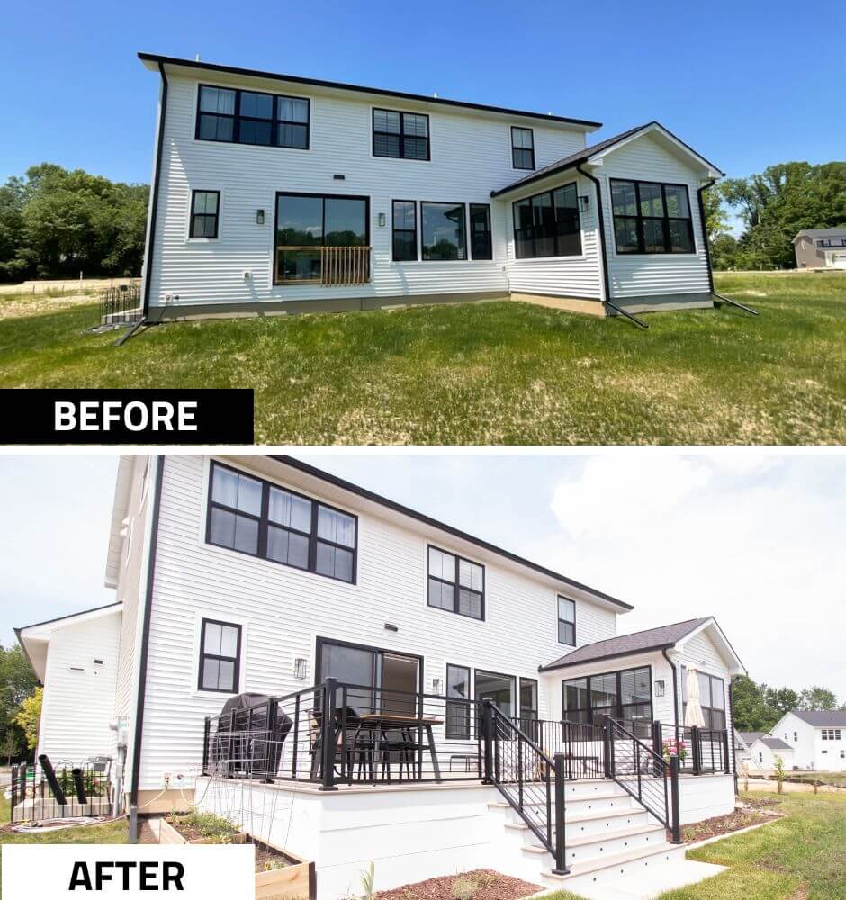 before and after backyard deck remodel transformation by Odd Fellows Contracting in Haslett MI