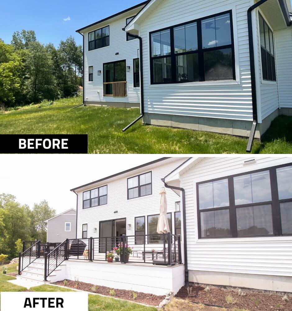 before and after deck remodel with new stairs and metal railing by Odd Fellows Contracting in Haslett MI
