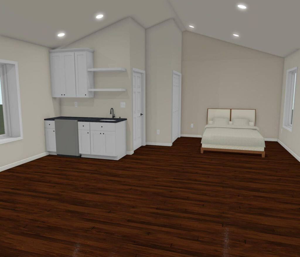 3D design rendering for garage conversion living space by Odd Fellows Contracting in Okemos, MI