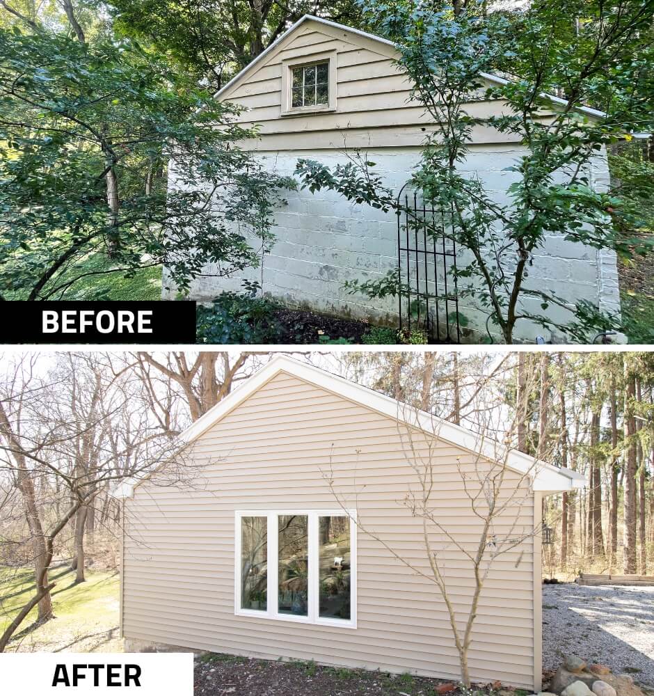 garage exterior before renovation during garage conversion by Odd Fellows Contracting in Okemos, MI