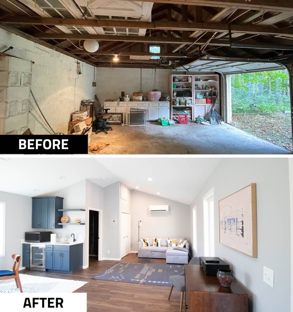 garage interior before conversion showing exposed framing by Odd Fellows Contracting in Okemos, MI