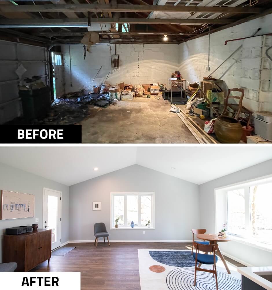 unfinished garage space before living area conversion by Odd Fellows Contracting in Okemos, MI