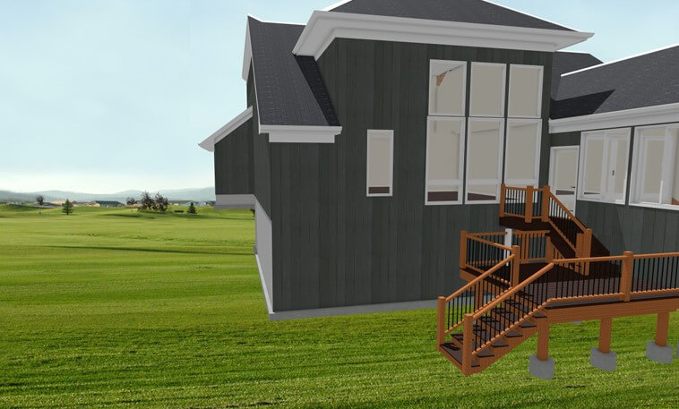 3D four seasons room design rendering with exterior stairs and deck by Odd Fellows Contracting in Haslett MI