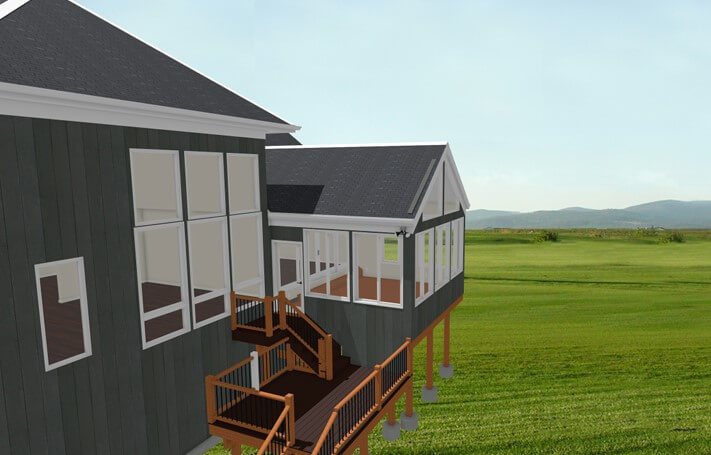 3D sunroom addition concept rendering with deck and stairs by Odd Fellows Contracting in Haslett MI