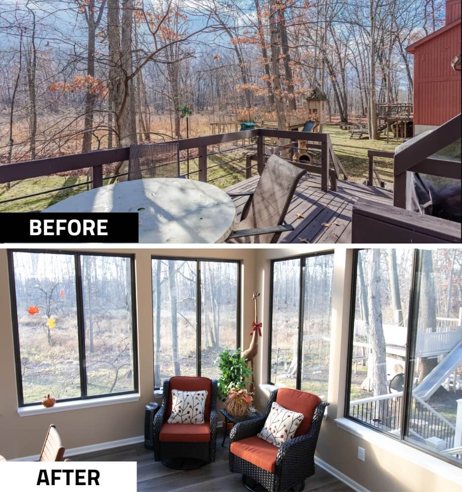 before and after deck replaced with enclosed four seasons room by Odd Fellows Contracting in Haslett MI