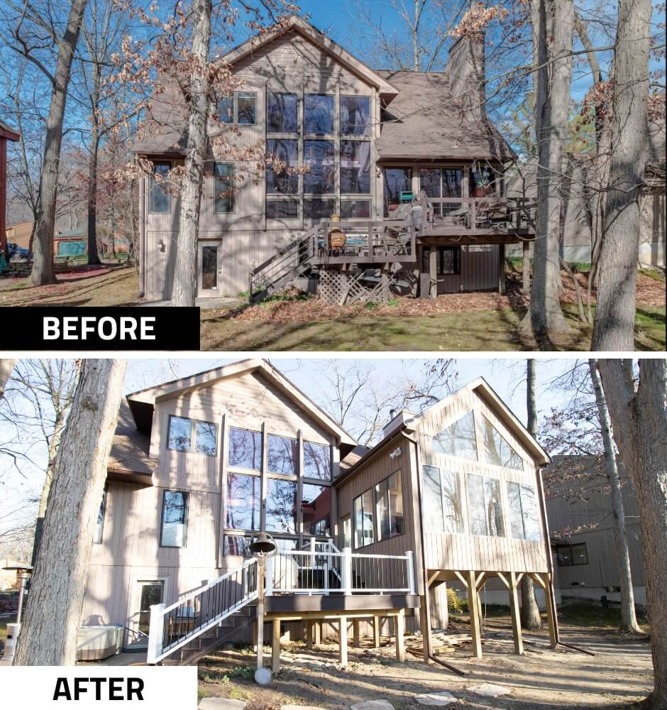 before and after exterior remodel with new four seasons room by Odd Fellows Contracting in Haslett MI