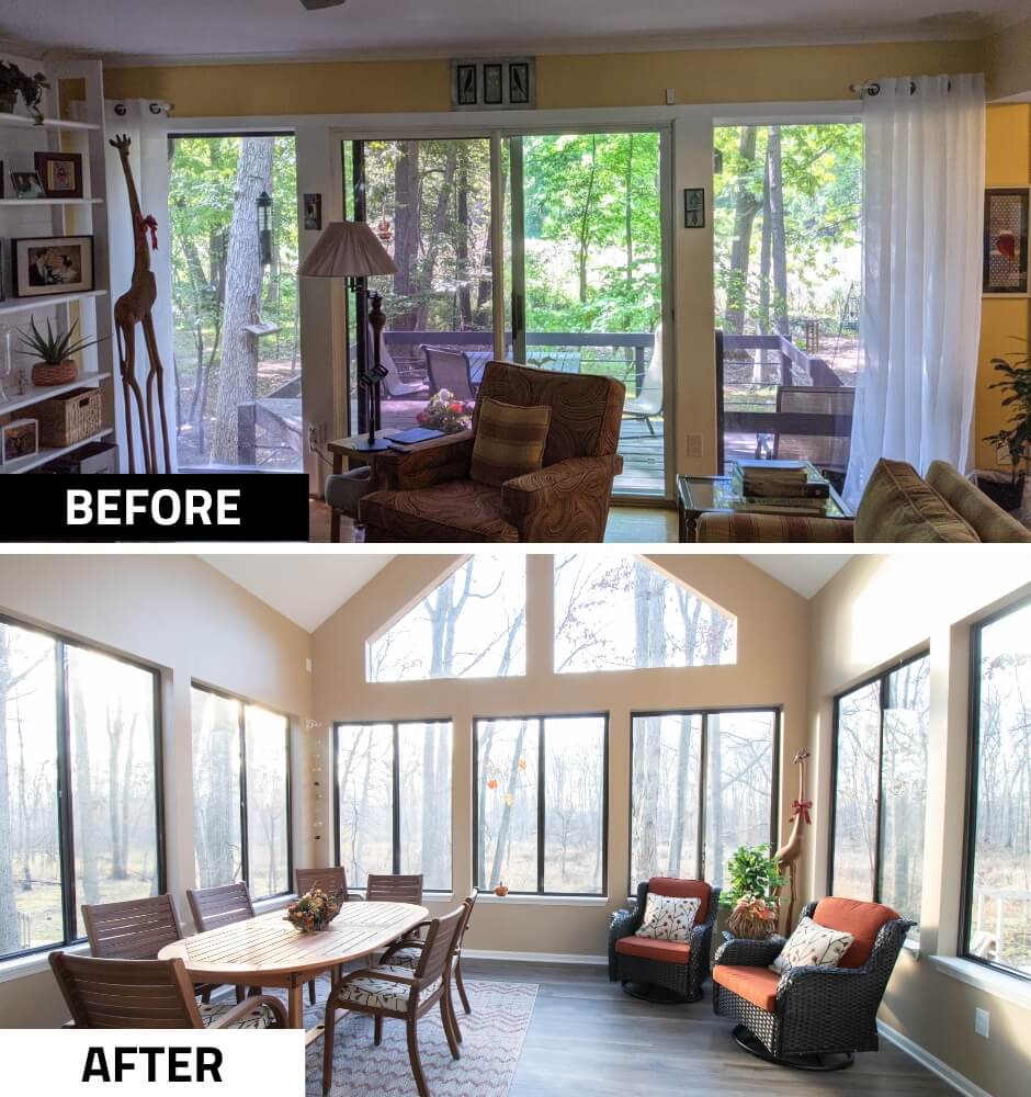before and after living space converted to bright four seasons room by Odd Fellows Contracting in Haslett MI