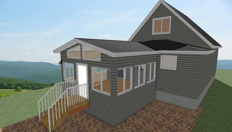 3D exterior rendering of three seasons room addition design by Odd Fellows Contracting in Holt, MI