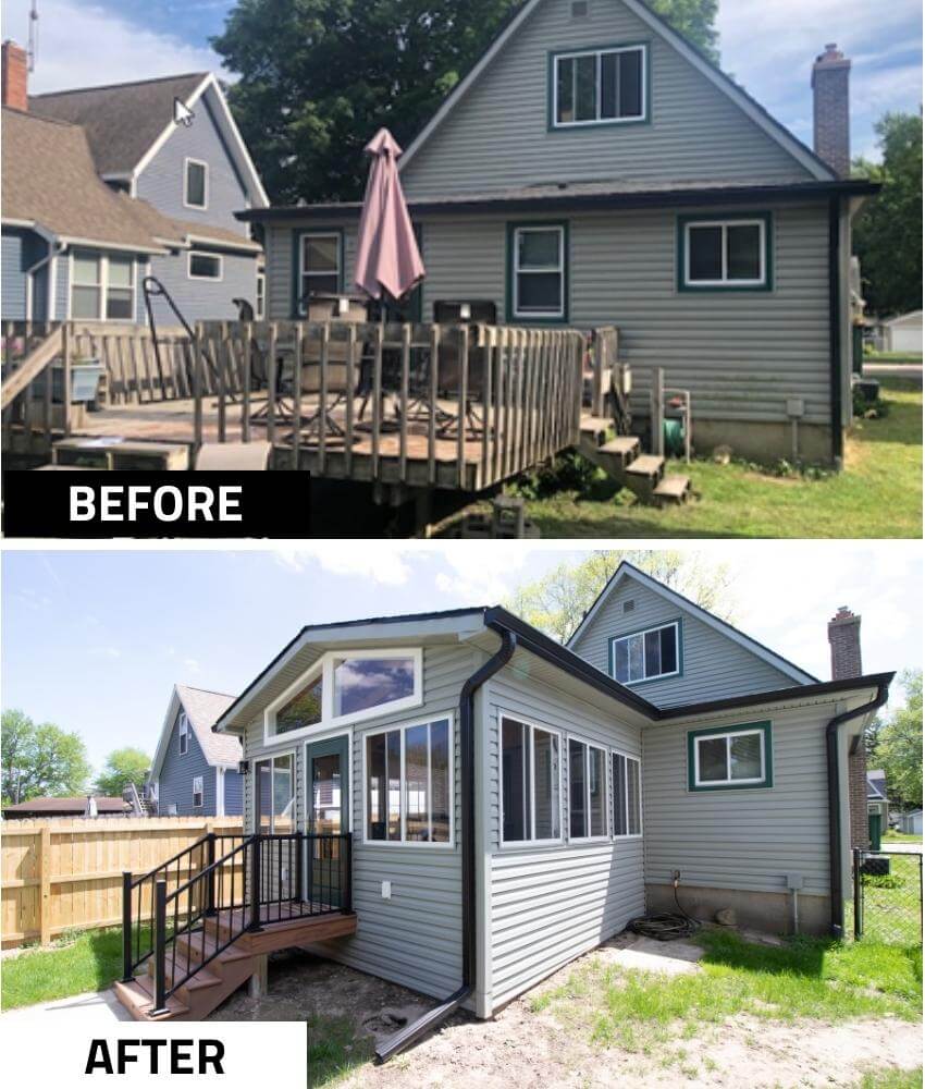 before and after three seasons room addition replacing backyard deck by Odd Fellows Contracting in Holt, MI