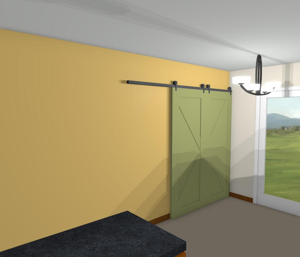 3D rendering of planned garage laundry addition with sliding barn door by Odd Fellows Contracting in Williamston, MI