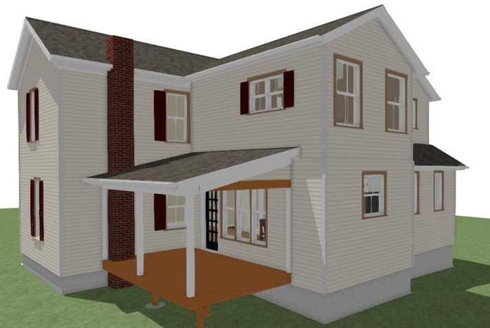 3D exterior rendering of planned home addition design by Odd Fellows Contracting in Mason, MI featuring new rear porch and expanded living space