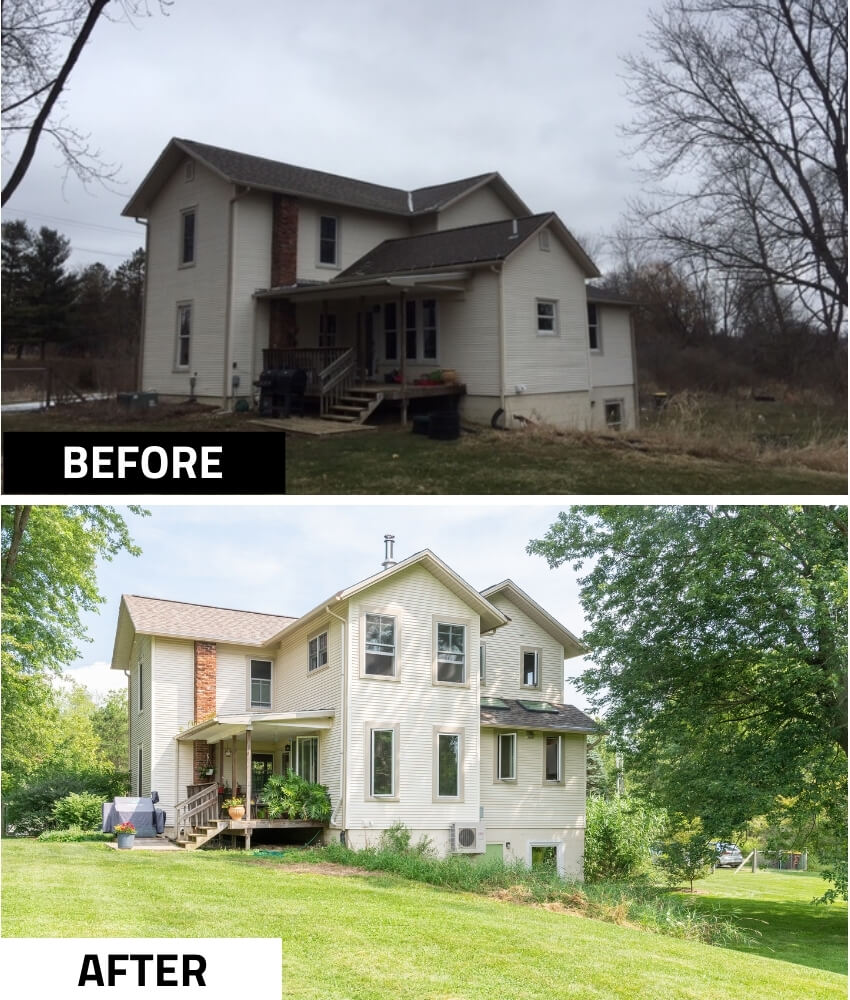 Before and after exterior comparison of home addition completed by Odd Fellows Contracting in Mason, MI
