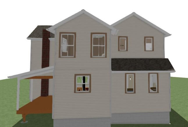 Rear exterior rendering of home addition layout designed by Odd Fellows Contracting in Mason, MI showing expanded living area and rooflines