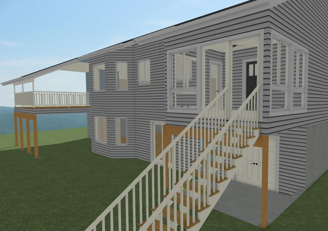 3D exterior rendering of planned three seasons room conversion by Odd Fellows Contracting in Holt, MI with elevated sunroom and staircase